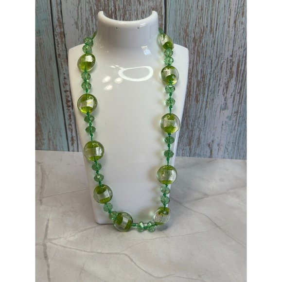 Artisan Designed Green Glass Beaded Silver Metallic Art Glass Necklace 18" - Picture 2 of 7